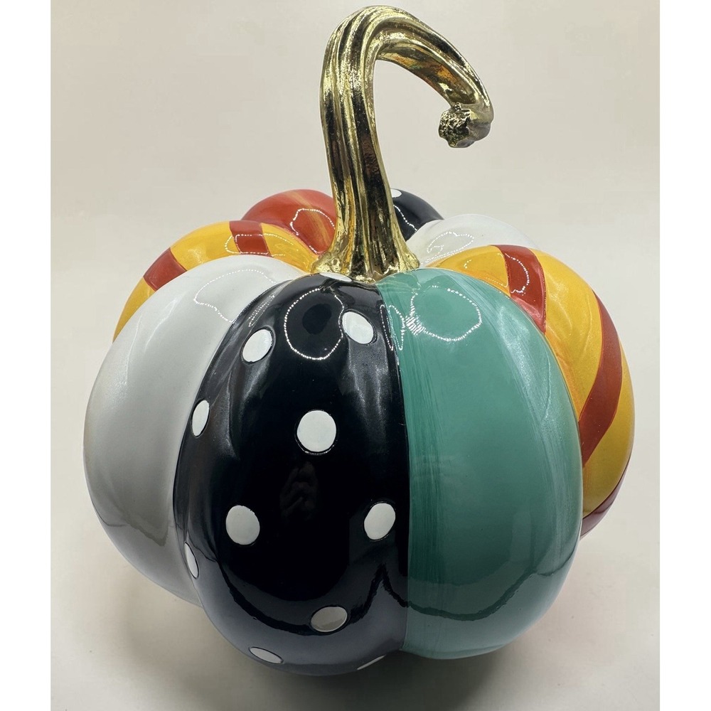 Mackenzie- Childs Retired XLarge Decorative Colorful Pumpkin with Gold Stem 11"